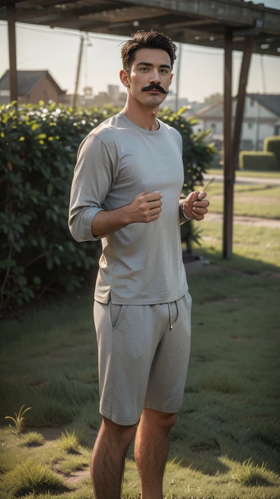 Masterpiece, best quality, high resolution, realistic, handsome, Take beautiful photos, Sayk, NRF, Photo of the 35 year old gym association (The man has a thin mustache.:1.2) Portrait, Standing on the edge of a field with grass , make military media, weight, Amazing , Buzzcut short hair,stubble head , (Hyper Muscle),looking at the audience, Flirt with the camera, charming, (Tight gray exercise shirt ),(GS-Male:1), 8K,Bokeh,Portrait,look at the viewer,