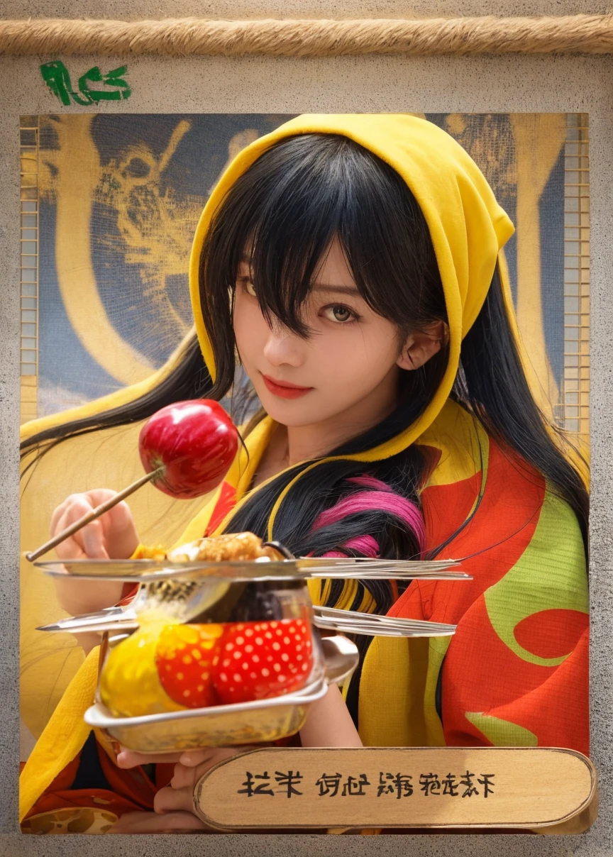 photorealistic, real girl , ((1 girl)), ((ultra-realistic)), gloss, 8k, detailed face, woman wear, red kuntilanak, with red wedding dress transparent, showing seblak food bowl