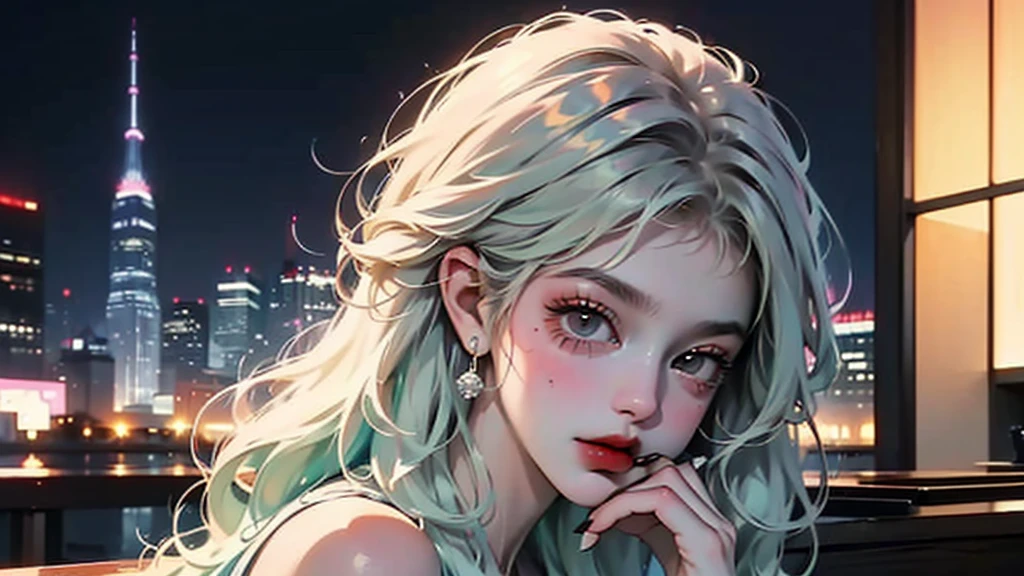 (80's, Retro, City Pop:1.5), (masterpiece, Highest quality, Exquisite detail), (anime, figure), (pastel colour:1.3), Best Photo Poses, girl, alone, cool, Delicate face, The stylish, dimly lit interior of the bar,City of night, Holding a cigarette,Gazing into the distance