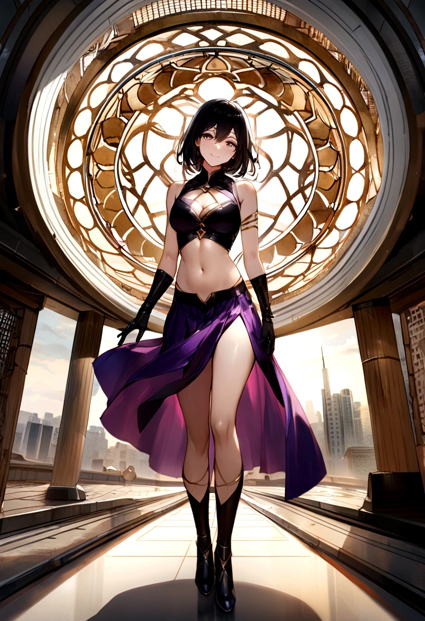 A female sniper ambushes on the roof of a building,Targeting the enemy,Battle Background,Ultra-fine photography,Mathil,Golden Ratio,Chinese woman、young、White vest、Purple skirt、navel open、White hair、tall、Equipped with large、Black hair、Full Body Love、lifelike、skin highlights、big eyes、Perfect Anatomy,Reclining,Smile