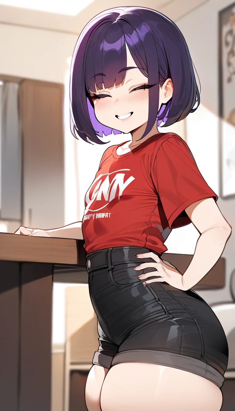 (best quality,masterpiece) thicc, 1 woman, small breasts, wide hips, thick thighs, happy, bob haircut, eyes closed, black hair, asian, small waist, short, shortstack, shorts, overzised red shirt,purple hair, apartment background