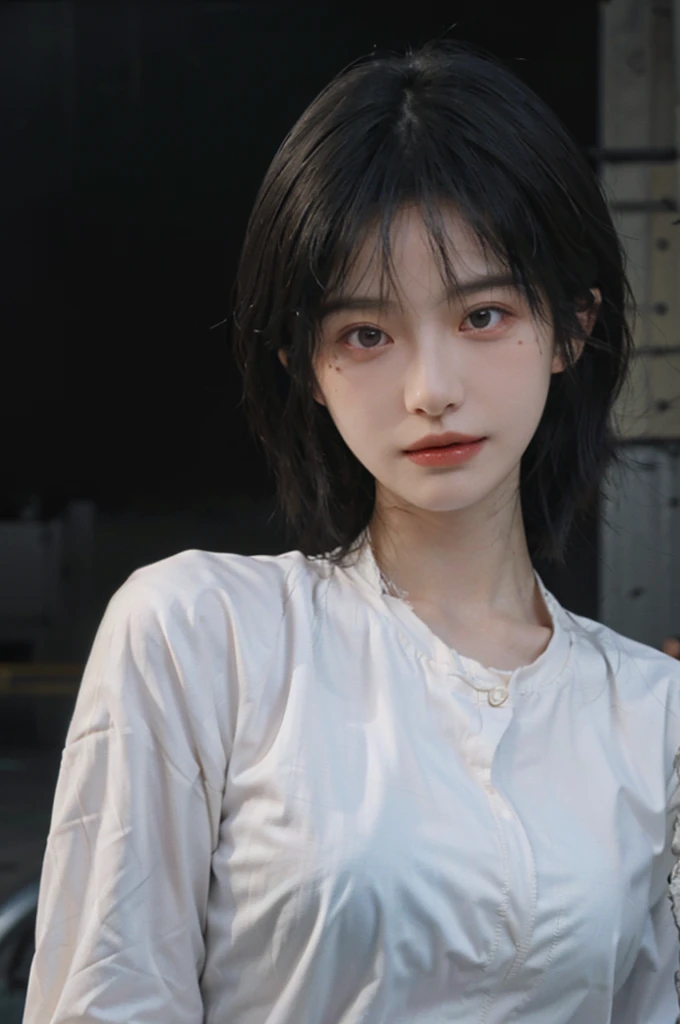 1 girl,Model,Upper Body,short hair,A faint smile,serene, calm,Moles under the eyes,Exquisite eyes, Delicate face,Lipstick,earrings,Hair details, skirt,(Dress conservatively:1.3)(Large Breasts:1.2),outdoor,background,城市background,(Skin details:1.4),(Realistic and detailed eyes:1.2), Natural skin texture, Realistic facial details,Close-up of face,Portrait Photography,(Portrait Photography:1.1), (smooth skin textures:1.3), (Highest quality real skin textures:1.4), Direct vision,Soft dramatic lighting, Vivid details, 35 mm film, (Photo Practical:1.4), (hyper Practical:1.4), (Practical:1.3), (Smoother lighting:1.05), (Improve lighting quality:0.9), (Enhance the beauty of skin texture:1.1), Depth of Field, Bokeh, Surrealism, Ray Tracing, ( Surrealism, High Detail, Chiaroscuro, Ray Tracing, reflected light, Ultra HD, Ultra HD, masterpiece, Textured Skin, Super Detail, High Detail, high quality, best quality