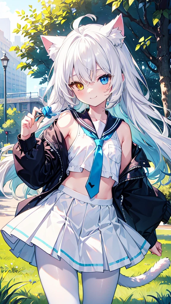 White hair，Cat ear，Long hair，Heterochromia(Left blue right yellow)，Smile，There are bright spots in the eyes，flat chest，Sailor Suit，White skirt，White pantyhose，in the park，Alone，Blue tie，Cat tail