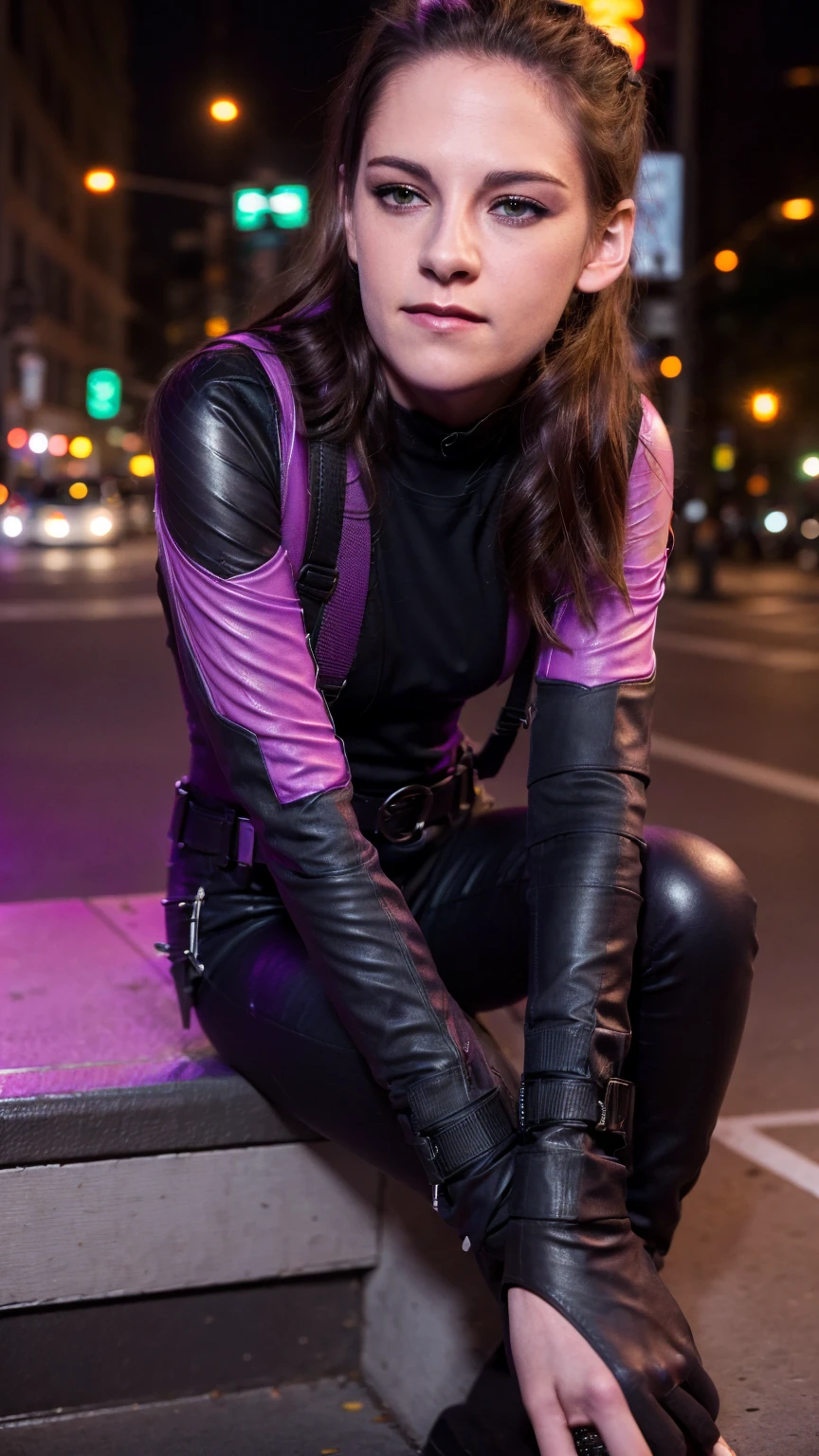 (masterpiece), (photorealistic1.4), (epiCRealLife), (lora:KateBishopFNLoRA:1.0 ribbed bodysuit costume), (KateBishopFNLoRA black leather pants), (KateBishopFNLoRA utilities belt), (leg holster) (KateBishopFNLoRA black gloves), (Kate Bishop Purple Costume),, (epiCFlashPhoto), (harness), (ponytail), (young woman), ,(flashphoto), (flash photography), (make up) ,(kst3w-v2 laugh ), (Kristen Stewart), (Kristen Stewart laugh), (outdoor), (New York City Street), (neon lights), (sitting on curb, against wall), (movie poster), pose for pictures,  (zoom out)