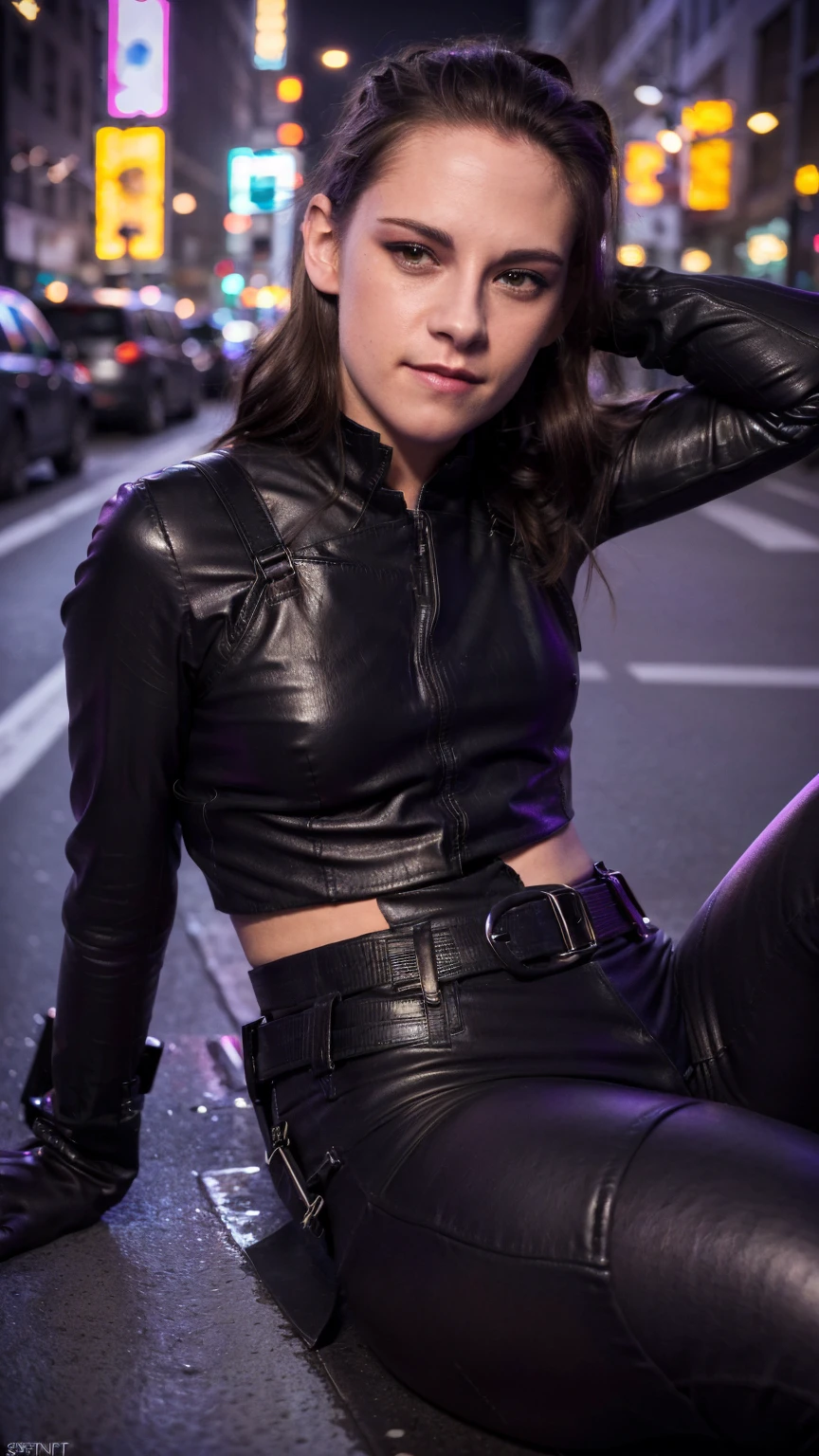 (masterpiece), (photorealistic1.4), (epiCRealLife), (lora:KateBishopFNLoRA:1.0 ribbed bodysuit costume), (KateBishopFNLoRA black leather pants), (KateBishopFNLoRA utilities belt), (leg holster) (KateBishopFNLoRA black gloves), (Kate Bishop Purple Costume),, (epiCFlashPhoto), (harness), (ponytail), (young woman), ,(flashphoto), (flash photography), (make up) ,(kst3w-v2 laugh ), (Kristen Stewart), (Kristen Stewart laugh), (outdoor), (New York City Street), (neon lights), (sitting on curb, against wall), (movie poster), pose for pictures, (zoom out)