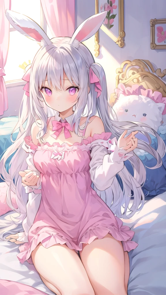 beautiful illustration, Best Quality, Pretty girl, bedroom, pastel color, fluffy rabbit ears, , long silver hair, rabbit plush toy, bright lighting, light pink eyes, how en la face