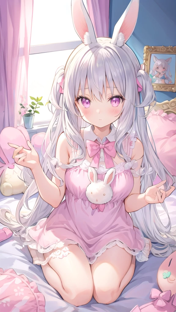 beautiful illustration, Best Quality, Pretty girl, bedroom, pastel color, fluffy rabbit ears, , long silver hair, rabbit plush toy, bright lighting, light pink eyes, how en la face