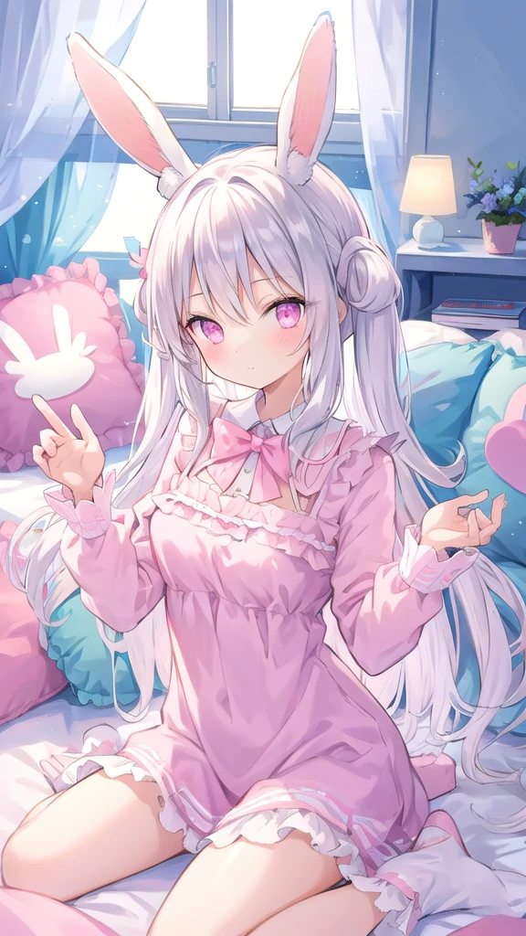 beautiful illustration, Best Quality, Pretty girl, bedroom, pastel color, fluffy rabbit ears, , long silver hair, rabbit plush toy, bright lighting, light pink eyes, how en la face