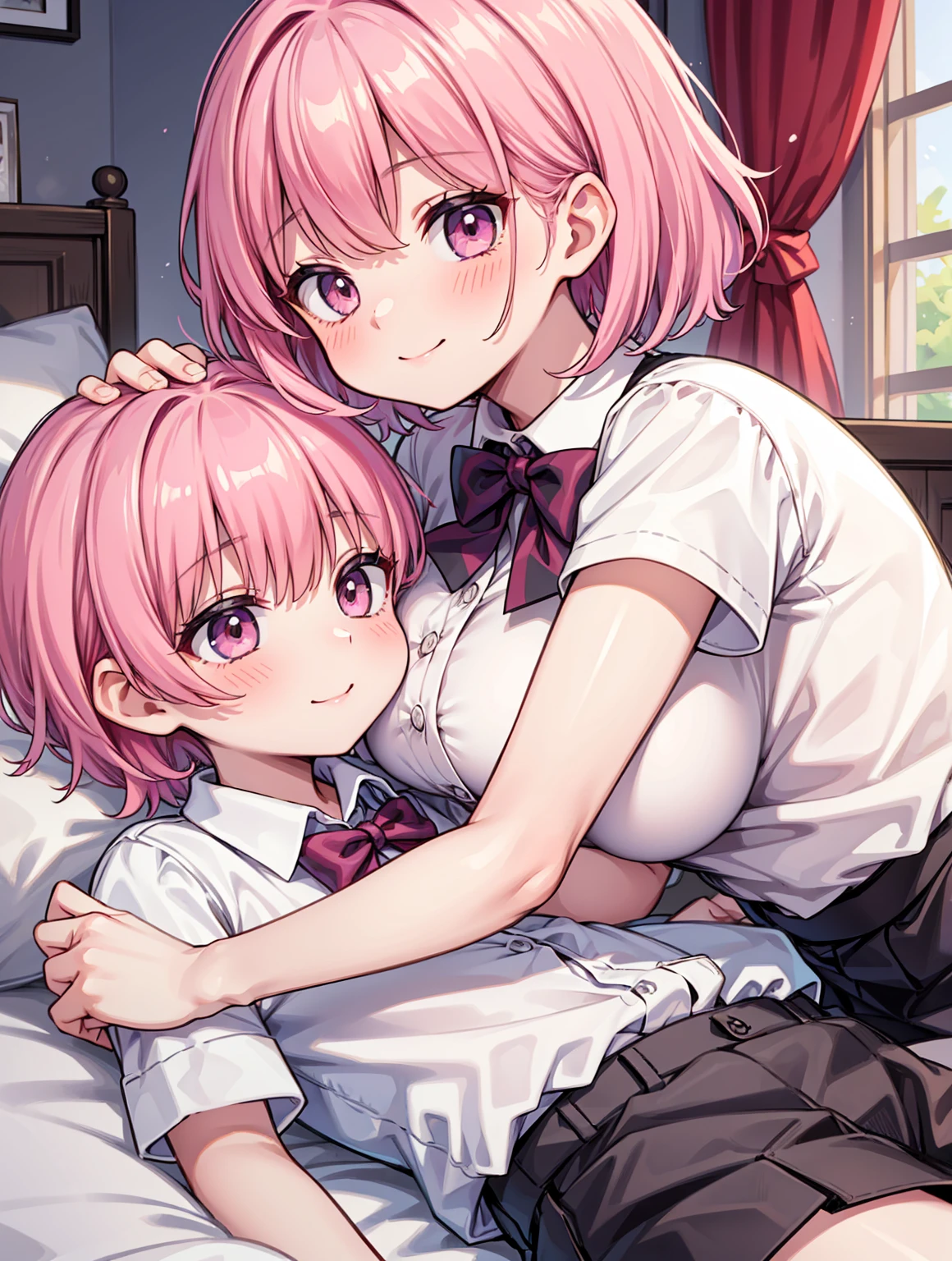 masterpiece, Highest quality, so beautiful, absurdes,High resolution,One girl, One boy,Cuddling in bed, like,sexly,Look at each one, blush,Age difference,bow tie,bionde,chest,Long Hair,Pink Hair,Tucked in shirt,short hair,skirt,smile,Tent shirt,Slut,Big breasted sister and brother,Siblings, trousers,Pushing her big tits against her brother