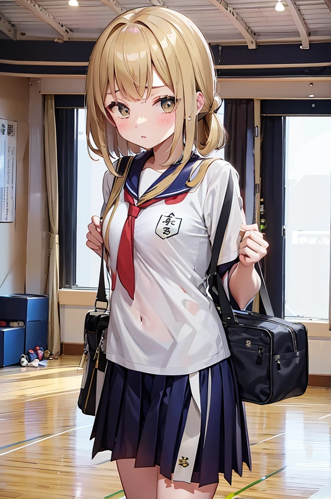 top-quality、supreme1People Girls,hightquality,A detailed face、A detailed eye、Detailed nose、Detailed mouth、 Beautiful expression, ((masuter piece)), ((High resolution)), ((Best Quality)), detail, (NSFW:1.4 ,With a disgusting face,Glaring at this), ((Skin shiny with sweat)), (School Athletic Clothes:1.2、Loose socks)、 girl with, a blond, (Half Twin Tail)、Sit at a desk and open your legs:1.3、fair white skin:1.3、、Smaller chest, cinmatic lighting, perfectly shaded,(((Classroom))), Realistic lighting with shades,Reflecting the whole body