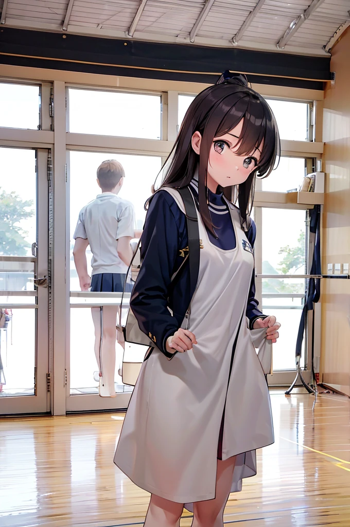 A female student in a sailor uniform is watching a physical education class in the gymnasium because she is feeling unwell