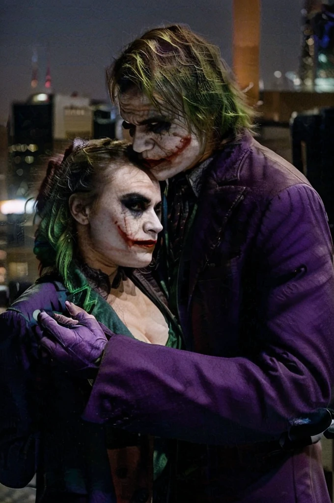 Combine an image of Damon Salvatore as the Joker and Damla as Harley Quinn. They are dancing in the moonlight on a rooftop in Gotham City. Damon, with green hair and a purple suit, holds Damla close as they sway to an unheard tune. Damla, in her iconic red and blue outfit with pigtails, looks up at him with adoration. The city lights below and the moon above create a magical, romantic atmosphere. Their faces are inches apart, their chemistry undeniable as they share an intimate moment under the stars."