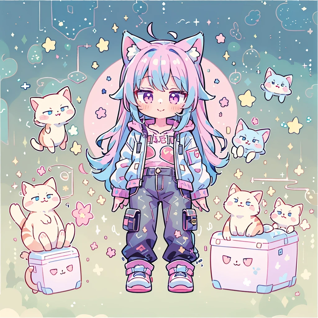 ((Highest quality,masterpiece,Extremely complex and exquisite details,A short girl with gray and blue cat ears and long hair is in the center,Gray blue super long straight hair,Curly hair at the ends,Sparse air bangs,Gray and pink T-shirt,Denim hooded cropped jacket,Black and gray long cargo pants)),(pink and white sneakers,Smile slightly,Surrounded by tons of cute short-legged cats,Correct anatomy),Super Q super cute short full body portrait,Starry sky background vertical painting space scene