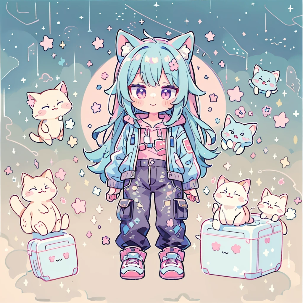 ((Highest quality,masterpiece,Extremely complex and exquisite details,A short girl with gray and blue cat ears and long hair is in the center,Gray blue super long straight hair,Curly hair at the ends,Sparse air bangs,Gray and pink T-shirt,Denim hooded cropped jacket,Black and gray long cargo pants)),(pink and white sneakers,Smile slightly,Surrounded by tons of cute short-legged cats,Correct anatomy),Super Q super cute short full body portrait,Starry sky background vertical painting space scene