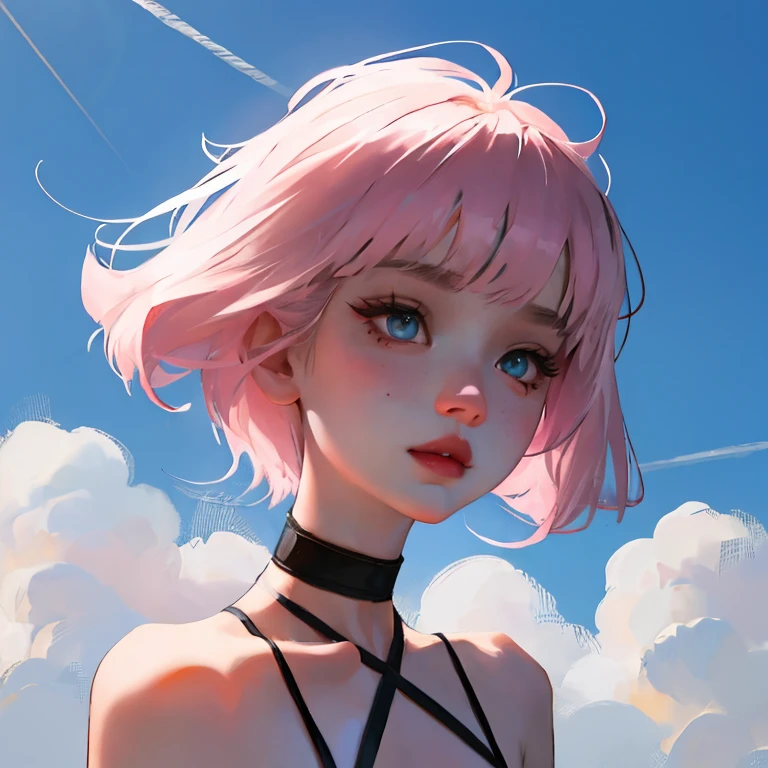 Russian women, Adult female, Style Booba Pad, Fluffy Clouds, Upper Body, Portraiture, breast focus, One girl, asymmetrical bangs, Asymmetrical Hair, bangs, Half shaved, pink ribbon in hair, Black Choker,Perfect breasts