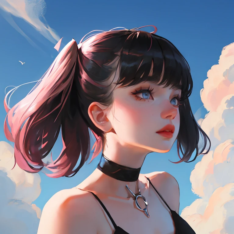 Russian women, Adult female, Style Booba Pad, Fluffy Clouds, Upper Body, Portraiture, breast focus, One girl, asymmetrical bangs, Asymmetrical Hair, bangs,  Half shaved, pink ribbon in hair, Black Choker,Perfect breasts
