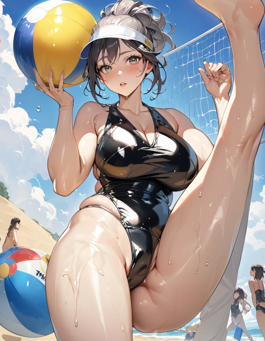 Young beautiful woman,(Highest quality,Extremely detailed depiction,Incredibly absurd high resolution,Anatomically accurate depiction,Two lovely hands, Five perfect fingers,Curvy Legs),(Glowing Skin,Shiny skin,Oilskin),Beach Volleyball,Latex Swimwear,There is cleavage in the chest,Glossy Lips,Flying beach ball,visor,Sweat,whole body,background:Beach Volleyballの会場,blue sky
