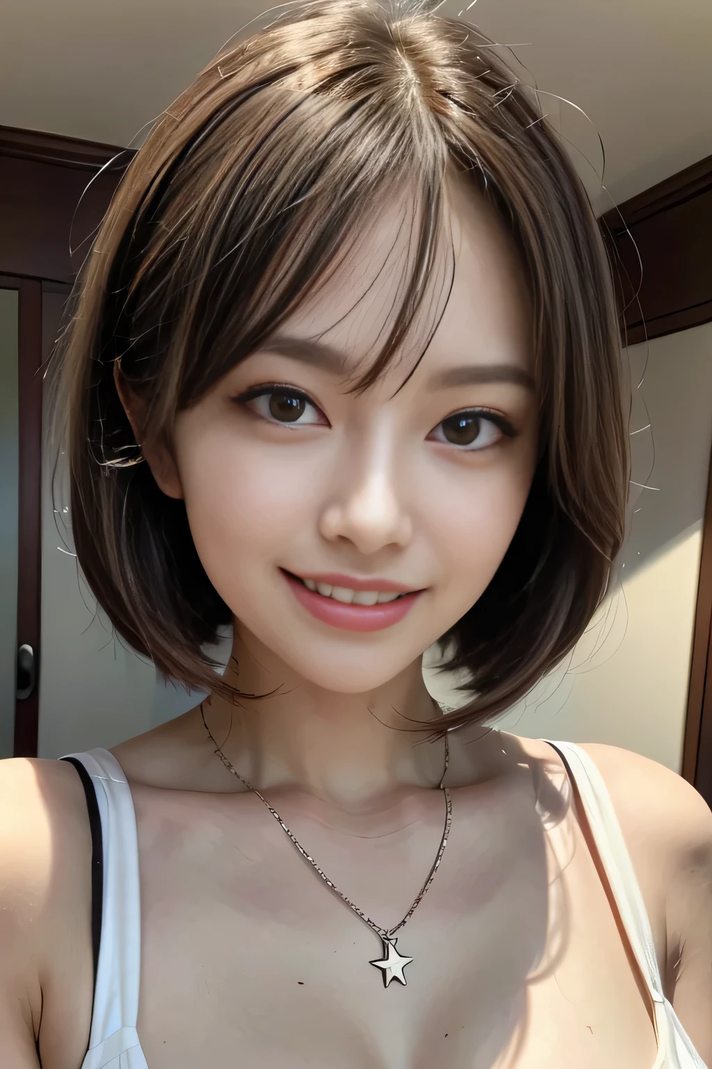 ((One ultimate beauty)), mature, Beautiful Face, Detailed lips, Beautiful eyes in every detail, double eyelid, Long eyelashes、Grin, ((Beautiful teeth alignment)), Captivating Gaze、Captivating smile, Very short brunette bob、eyelash、Elegant eyeshadow、Seductive makeup、Seductive gestures、(Large Breasts), high quality、High resolution、(Written boundary depth)、(chromatic aberration)、necklace、耳Nipple Ring、bracelet、RAW Photos、Realistic、(masterpiece)、Realistic、Masseter region, 最high quality，Hyper Detail，(Detailed eyes and face） charm:Natural Makeup，View your audience, alone, ((Cowboy Shot))