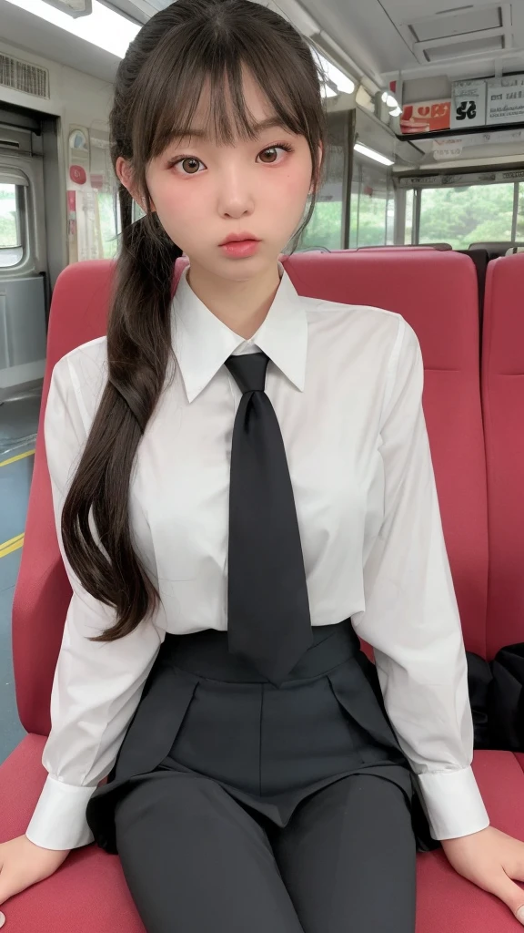 Of Japanese１０Teenage Girls。A round face with plump cheeks makes you look young。The eyes are slit and long.、expression is dark。The mouth is large、The lips are thick。Wearing a simple black suit。Not a pantsuit、Black tight skirt。He wears a white curler shirt under his suit。Accentuates natural, large breasts。Shirt buttons３More than one open。No undershirt is worn under the curler shirt。The skin is visible through the skin。Her hairstyle is a ponytail with bangs and long sideburns.。Tied with a red ribbon。Wearing a scrunchie on her left wrist。Train seats in the background。Sitting in your seat、The legs are wide apart from the base of the thighs。