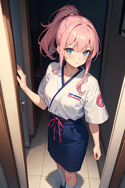 A beautiful 17-year-old girl with a slender figure、Pink hair in a ponytail、blue eyes、Wearing a Japanese  uniform、Standing in front of a bed in a concrete high school nurse&#39;s office、Background partitioned with white curtains、She is rolling up her uniform skirt with her hands to show her panties.、Tears and an embarrassed face、Blushed cheeks、A lovely face with a hint of innocence、Beautiful girl erotic game style、Detailed Description、High resolution、Soft lighting、Realistic texture