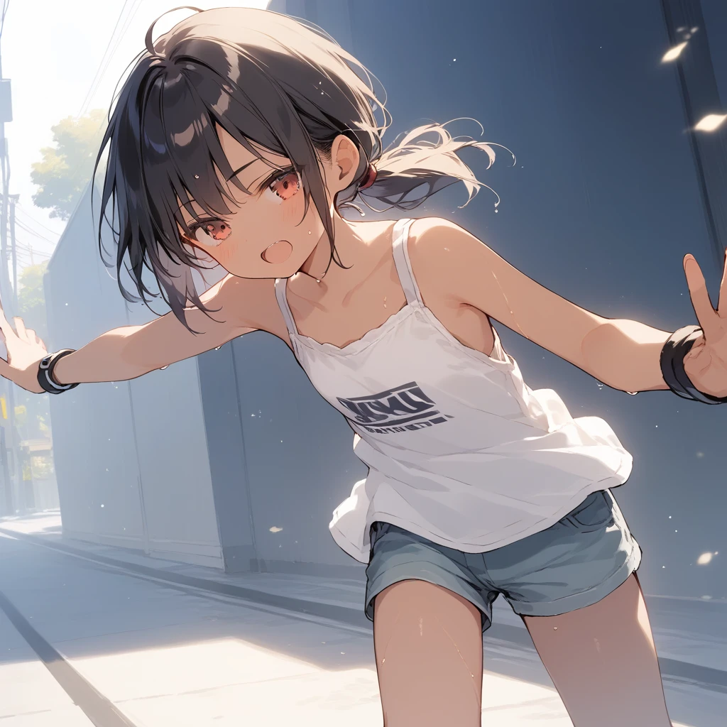 score_9, score_8_up, score_7_up, source_anime, best quality, masterpiece, official art, absurdres, highres, ultra-detailed,waifu2x,Collection: Slice of Life,break,1girl, tomboy, dark-skinned female, short hair, low ponytail, flat chest, beautiful detailed eyes, short shorts, sweat, open mouth, (yawn:0.3), sleepily, outdoors, wind,break,(clear line illustration:1.2), super detailed skin,very high resolution, very aesthetic, Best sexual lighting powered by famous artist, 8k,cute picture,beauty illustration,photoshop_(medium),,(Detailed Lighting),best anime 8k konachan wallpaper, pixiv contest winner,