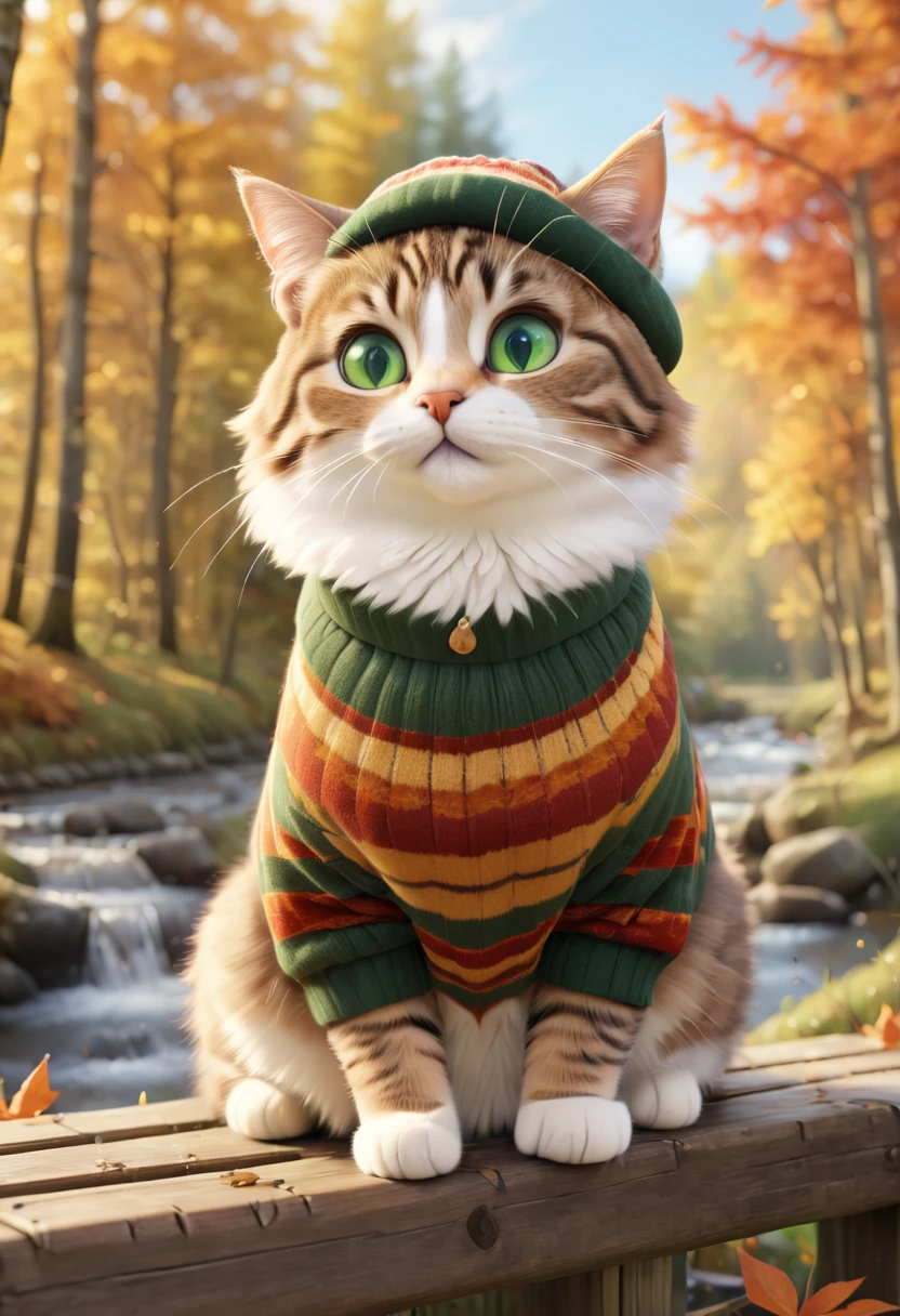 Create an adorable digital painting of a playful tabby cat with stripes and green eyes. The cat is wearing a cozy autumn-themed sweater and a small beret. It is sitting on a wooden fence by a scenic autumn forest, with vibrant leaves falling and a peaceful stream running nearby. The background should be serene and picturesque, with warm autumn colors. Use warm lighting and vibrant colors to create a cozy atmosphere. Render the image in 3D to highlight the textures and details, capturing the charm of an outdoor fall setting.