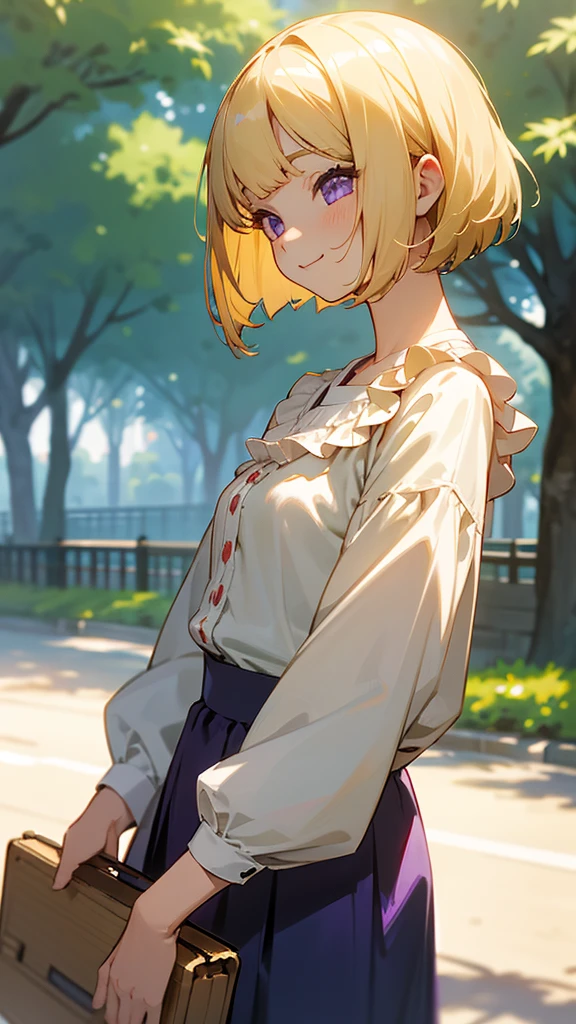 1 Girl、Anime-style paintings、Upper body close-up、From the side、Bento box、Small breasts、smile、(blonde)、Bobcut、Beautiful purple eyes、Frilled blouse、Morning Park、Background Blur, Written boundary depth