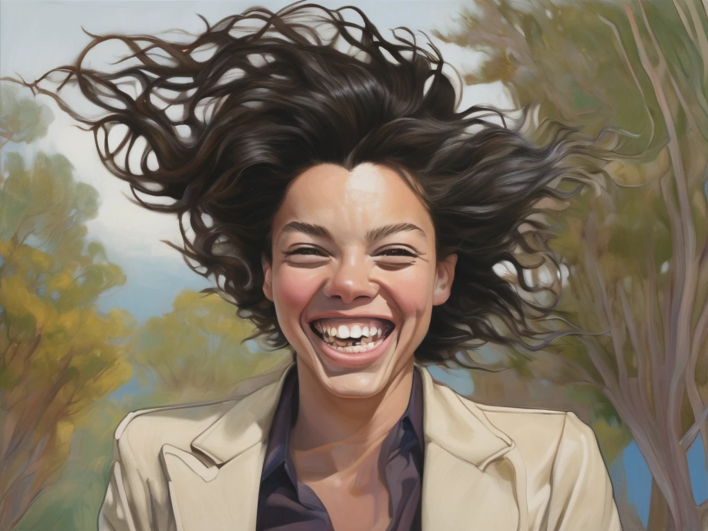 High-energy, close-up portrait of a person with light skin and dark hair, styled in a wild, windblown manner. The subject's facial expression is exaggerated, with one eye squinted and the other wide open, and their mouth stretched into a large, toothy grin. The person is wearing a light-colored blazer, and the background is a plain, light color, which emphasizes the dynamic and humorous nature of the image. The overall composition is centered, focusing on the subject's face and hair.