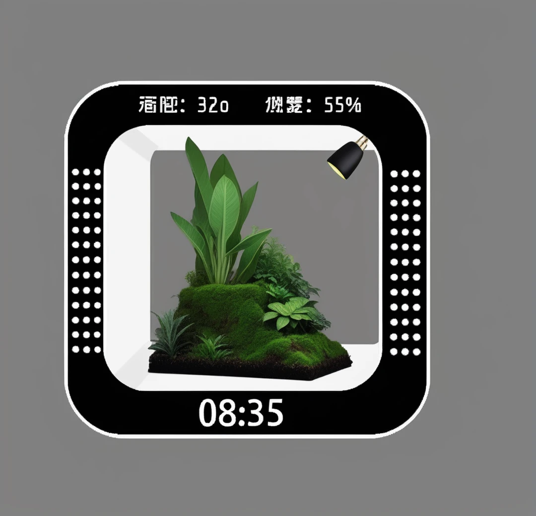 There is a picture of a plant in a square frame, LCD screen, Digital Display, Terrarium, graphic of enchanted Terrarium, plasma display, 1080P, 1 0 8 0 p, TV still frame, 480p, 4 8 0 points, Detailed scenery —width 672, LED Display, Electronic case display