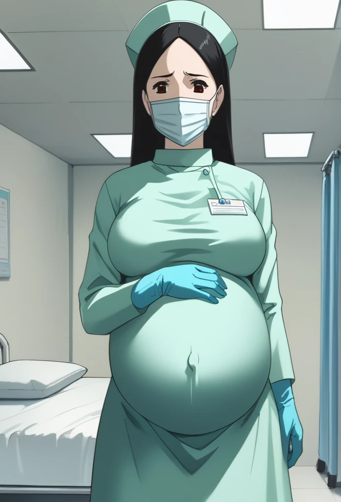 score_9, score_8_up, score_7_up, source_anime, raw image, masterpiece, highest quality, natural light, patient room background, kasuganoray, good shape, pale skin, worried eyes, big breasts, scrubs, surgical mask, surgical cap, long sleeve maternity dress, seamless, tits, navel head,
1girl, pregnant, solo, long rubber gloves, looking down, furrowed brow, hospital bed, standing, patient room divider, abdominal pain near giving birth