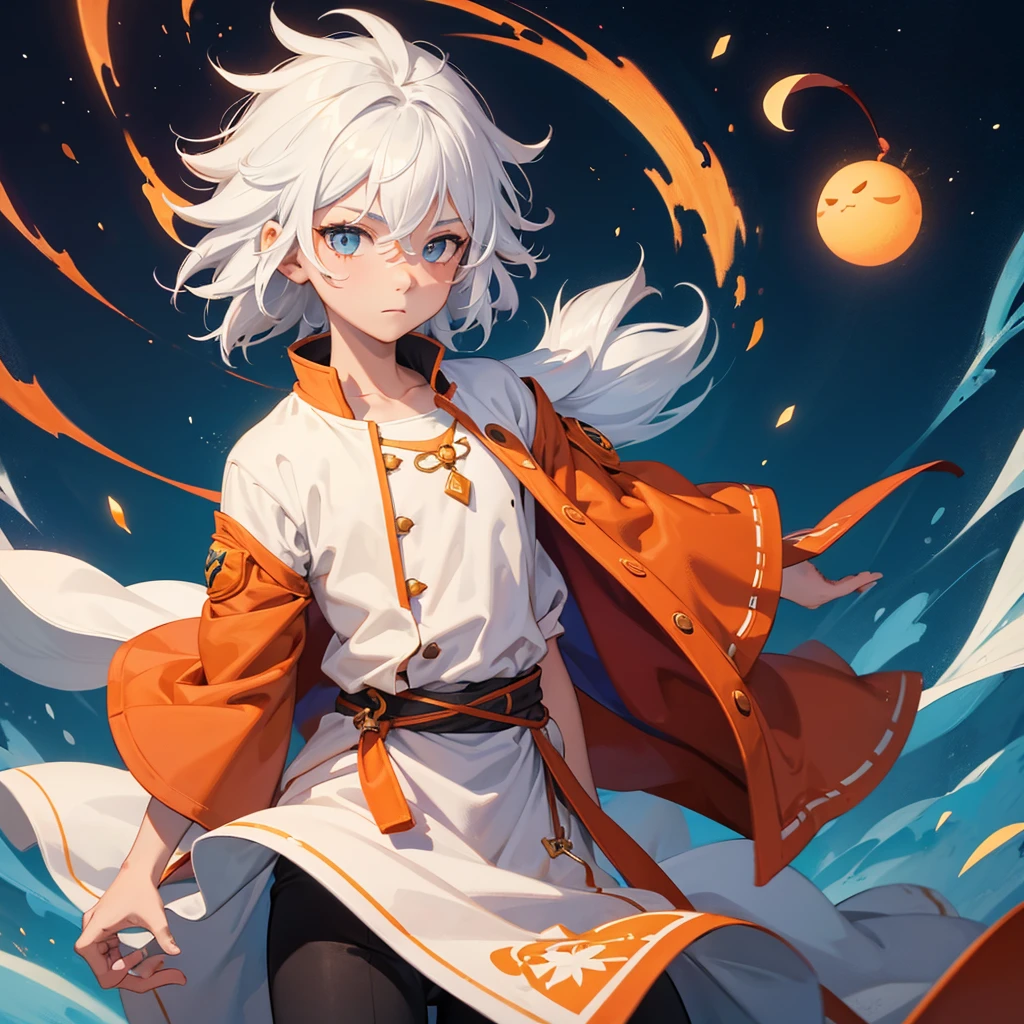 Create a boy, a who has fluffy white hair, an orange wizard's cloak, an orange wizard's hat, a white tie and a very cute happy face who is making a 2 with his fingers and is in the emote style from the game Brawl Stars