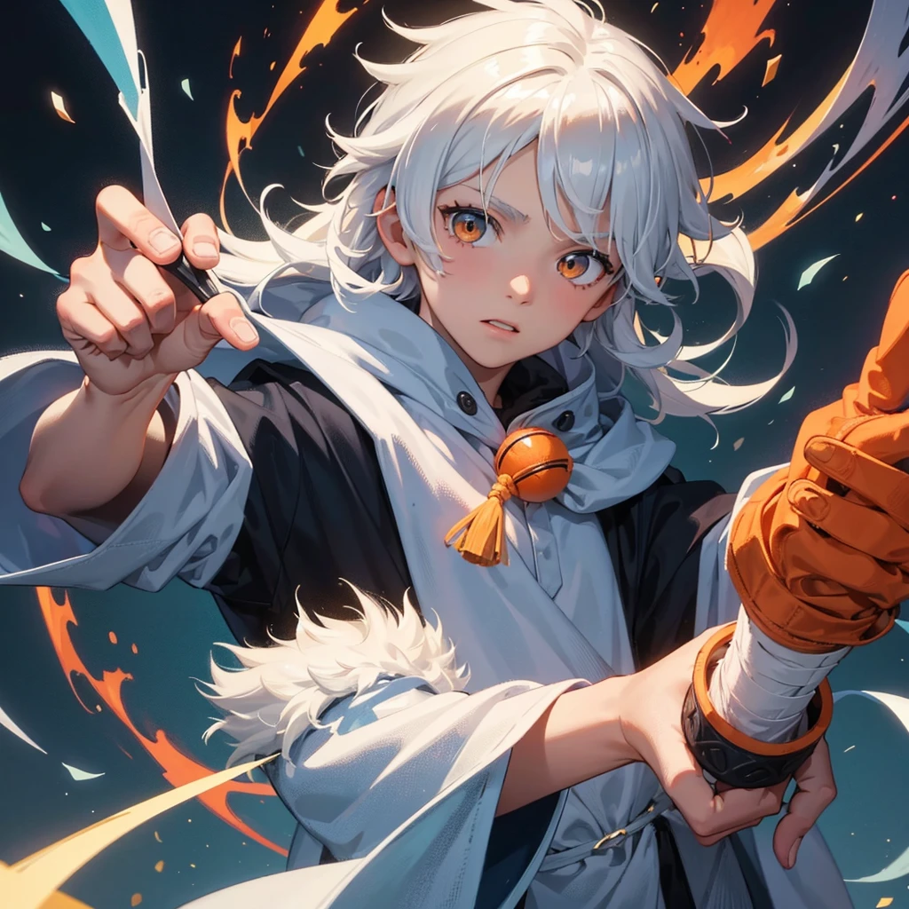 Create a boy, a who has fluffy white hair, an orange wizard's cloak, an orange wizard's hat, a white tie and a very cute happy face who is making a 2 with his fingers and is in the emote style from the game Brawl Stars