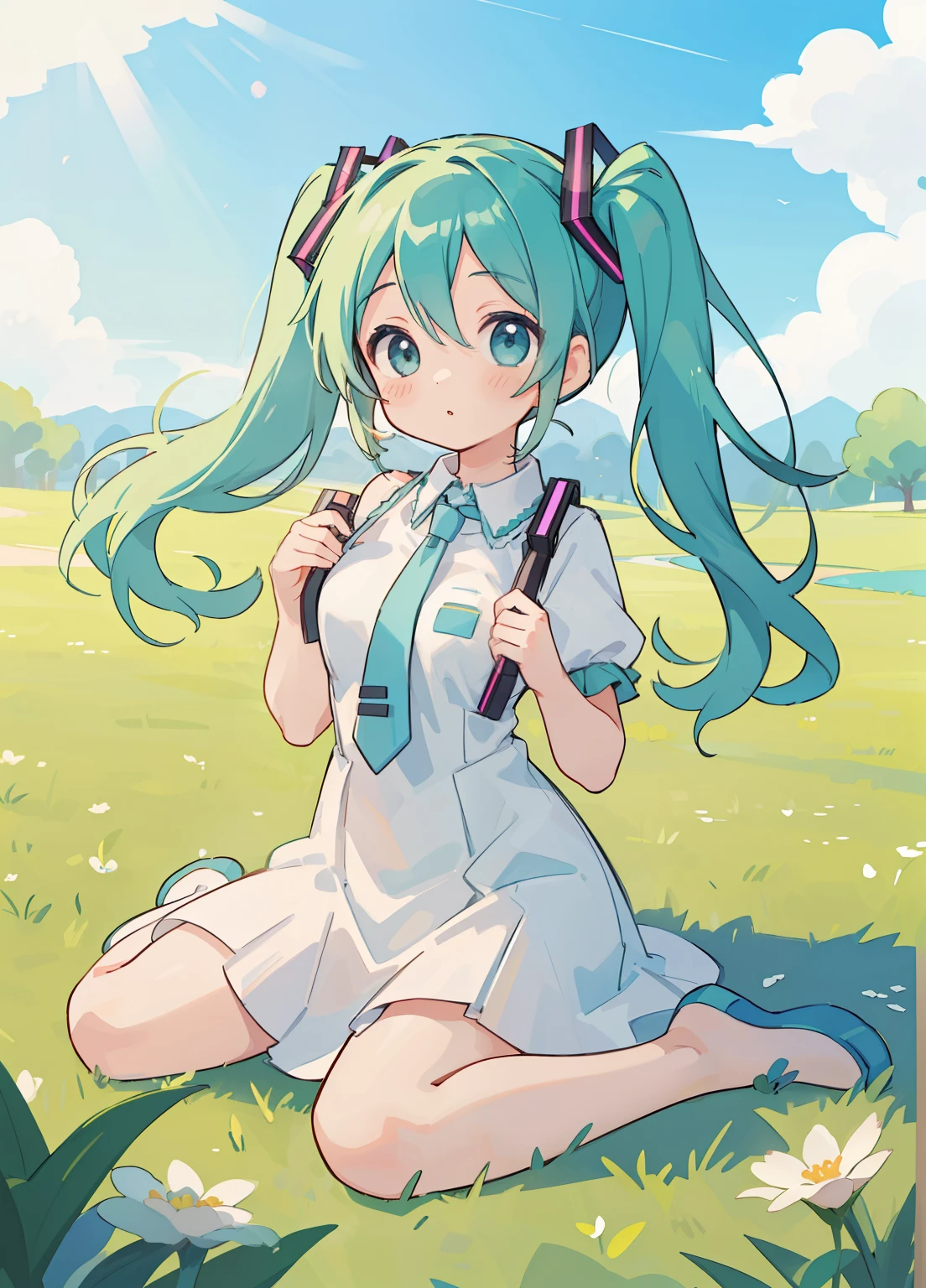 (masterpiece、Highest quality、Highest quality、Official Art、Beautiful and beautiful:1.2)、(One girl:1.3)Hatsune Miku、Twin tails,Beautiful breasts, Spring steppe、Lunchtime in pleasant sunlight、I&#39;m having lunch、25-year-old female、Lunch break on the lawn、Pale light blue T-shirt、Shorts、Cute Hats、Looking into the camera