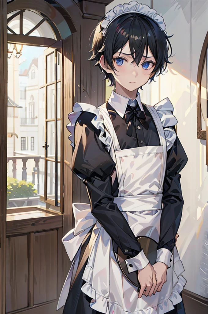 1boy, maid, facing front, holding tray, black hair, shy