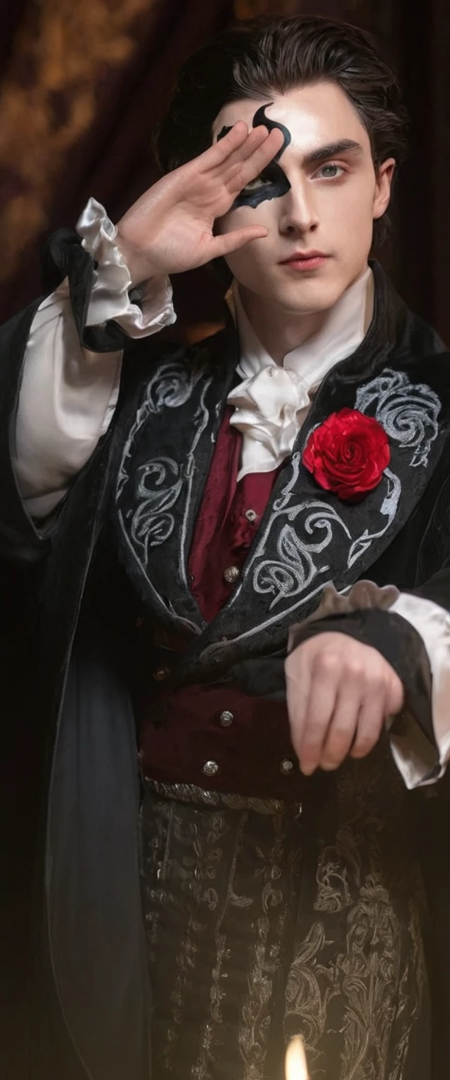 ((a close up of a person phantom of opera, ((wearing aristocrat robe)), delicate androgynous prince, alucard, beautiful androgynous prince, bladee from drain gang, cai xukun, male vampire, handsome male vampire, androgynous vampire, suit with phantom of opera mask(pale skin dark brown hair and grey eyes), delicate androgynous prince, beautiful androgynous prince, caleb from critical role, highly detailed exquisite, handsome guy, highly detailed character, hyperdetailed fantasy character, handsome male vampire, wolfgang lettl highly detailed, detailed character portrait, official character, handsome stunning realistic)),((grey eyes)),official art, unity 8k wallpaper, ultra detailed, aesthetic,((masterpiece)), best quality, photorealistic,((fantasy)),((pale skin)),((man&girl)),((sensual eyes)),((detailed eyes)),((detailed face)),((detailed body)),((badboy face)),((badboy)),((handsome)),((modeling poses)),((model)),((juicy lips)),((kimono)),((perfect hairstyle)),((perfect v shape head)),((free posing)),((posing like model)),((modeling poses)),((cool)),((body)),((50mm lens)),((fullbody)),((longshot picture)),((standing posing)),((androgynous pose)),((standing in background)),((light setting from right)),((head staring at right)),((candid)) Timothée Chalamet