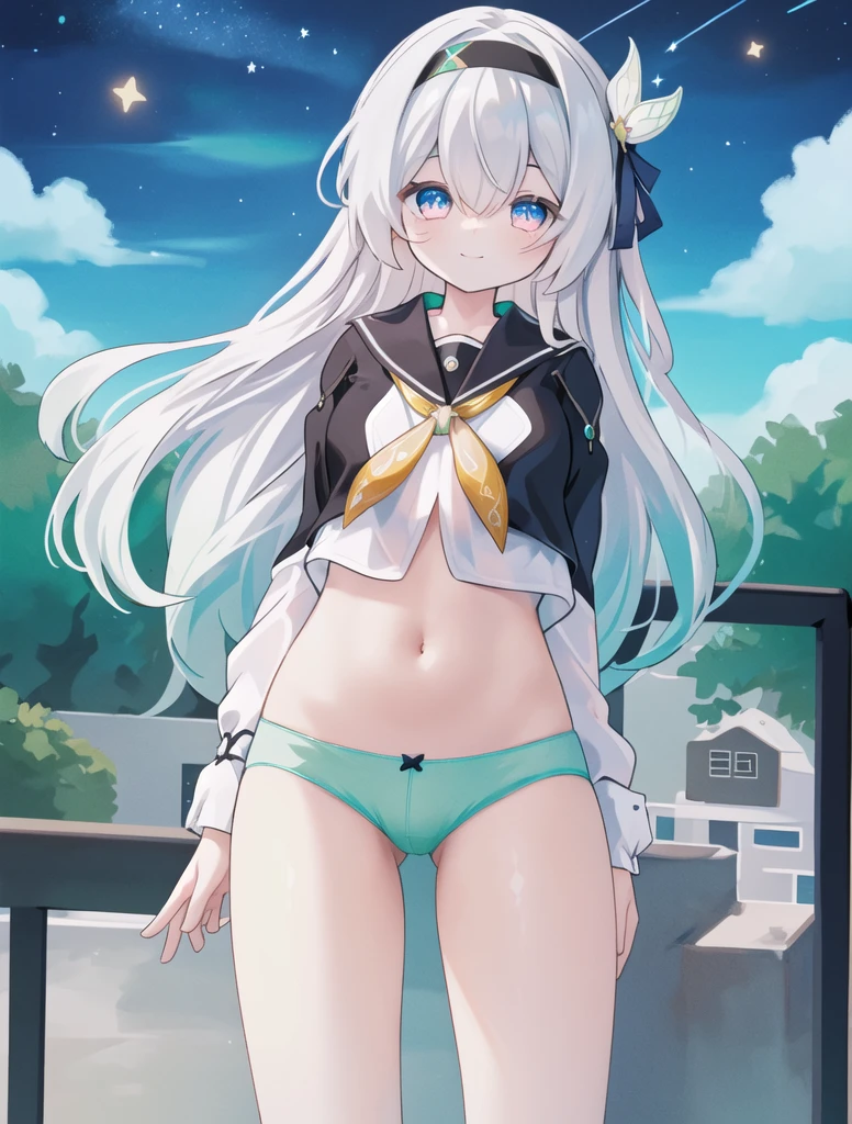 best quality, masterpiece, highres, ï¼firefly \(honkai: star rail\), 1girl, solo, long hair, smile, blue eyes, closed mouth, looking at viewer, outdoors, bangs, (long sleeves), hair ornament, hairband, hair between eyes, cloudy sky, blue sky, star \(sky\), night sky, white hair, (cowboy_shot), (white blouse), [[blouse]],railing,serafuku,sailor_suit,school_uniform,yellow_neckerchief,sailor_collar,navel,(((no_pants,green_panties,panties,underwear))),bowleg