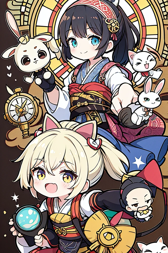 chibi, best quality, paper puppet theater, black paper shadow puppets, rabbit, cat, girl, background stained glass, steampunk, dieselpunk, clockpunk, Grimm, Andersen, Aesop, Create a chibi version of the Alice character in an 8K resolution. A girl with a ponytail is wearing a kimono with a crane pattern, practicing kendo in a dojo, and wearing a headband as a hair accessory, It's sunny, Detailed eyes, clear outlines, kawaii pose, A smile, Raise your right hand, Eye Up, Laugh, radiant light, Taken from the side. She should look adorable and cute. Give him a smiling expression and a sweet smile on his face, capturing the essence of the character in a delicate and charming way.