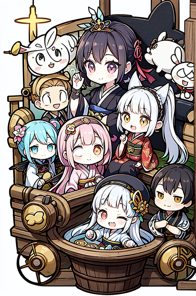 chibi, best quality, paper puppet theater, black paper shadow puppets, rabbit, cat, girl, background stained glass, steampunk, dieselpunk, clockpunk, Grimm, Andersen, Aesop, Create a baby chibi version of the Alice character in an 8K resolution. A girl with a ponytail is wearing a kimono with a crane pattern, practicing kendo in a dojo, and wearing a headband as a hair accessory, It's sunny, Detailed eyes, clear outlines, kawaii pose, A smile, Raise your right hand, Eye Up, Laugh, radiant light, Taken from the side. She should look adorable and cute. Give him a smiling expression and a sweet smile on his face, capturing the essence of the character in a delicate and charming way.