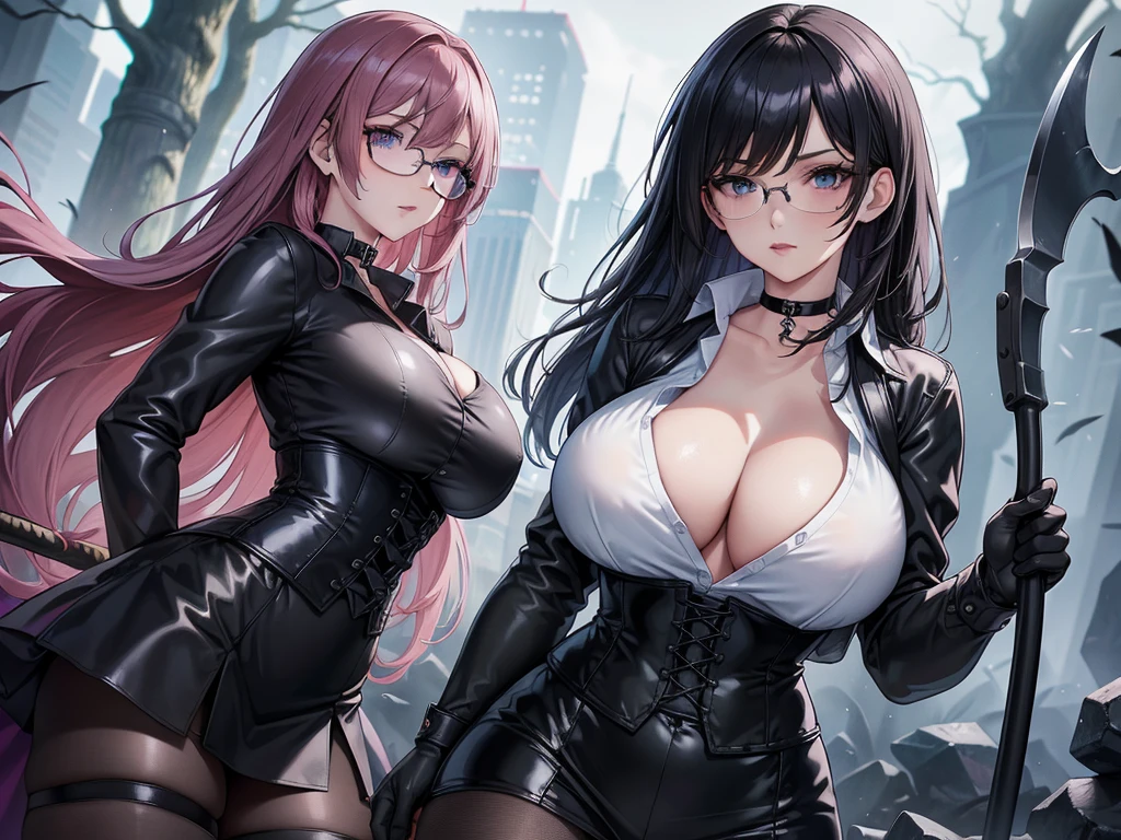 Masterpiece, Beautiful art, professional artist, 8k, art style by sciamano240, Very detailed face, Detailed clothing, detailed fabric, 2 girls, perfectly drawn body, big breasts, fighting pose, beautiful face, long hair, blue eyes, very detailed eyes, pink cheeks, shy expression, glasses, choker:1.6, (long sleeve white collar buttoned shirt), black gloves, gloves covering hands, (holding an ax in the right hand), (black leather corset), (shiny black leggings), (black miniskirt), sensual lips , evening de invierno, show details in the eyes, view from front, looking at the viewer, dark path, dark forest, evening, Atmosphere, fog