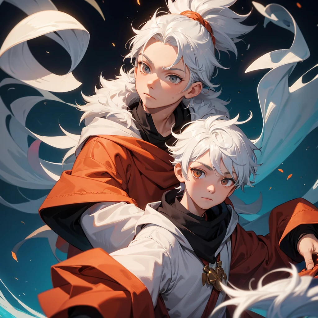 Create a 10 year old boy who has fluffy white hair, an orange wizard's cloak, an orange wizard's hat, a white tie and a cute happy face who is making a 2 with his fingers