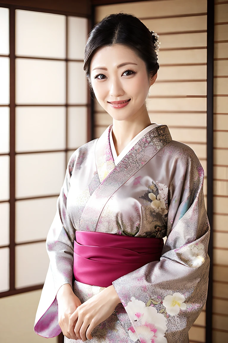 (Highest quality、Tabletop、8K、Best image quality、Award-winning works)、(One beautiful mature woman:1.1)、Adult face、(Innkeeper:1.1)、(A top-quality kimono with an elegant floral pattern:1.2)、(A kimono with a perfect and precise collar:1.2)、Perfect mature woman portrait photo、Glowing Skin、Standing Elegantly、(Blurred elegant and exquisite perfect Japanese style room background:1.3)、(The most natural and perfect tidy Japanese style room background:1.2)、(Strongly blurred background:1.2)、Glowing Skin、Very beautiful skin、(Accentuate your body lines:1.1)、(The most graceful posture:1.2)、(Large Breasts:1.2)、A perfect smile、Perfect beautiful glossy lips、(Accurate anatomy:1.2)、(A perfect and elegant outfit:1.1)、(Standing with good posture:1.1)、(Beautiful, high-quality patterned kimono:1.2)、、(Perfect and natural beautiful sleeves:1.2)、(A perfect and natural beautiful collar:1.2)、(Perfect and natural beautiful sleeves:1.2)、(The finest patterned kimono obi:1.4)、(A perfect and natural beautiful kimono obi:1.1)、(Chignon:1.2)