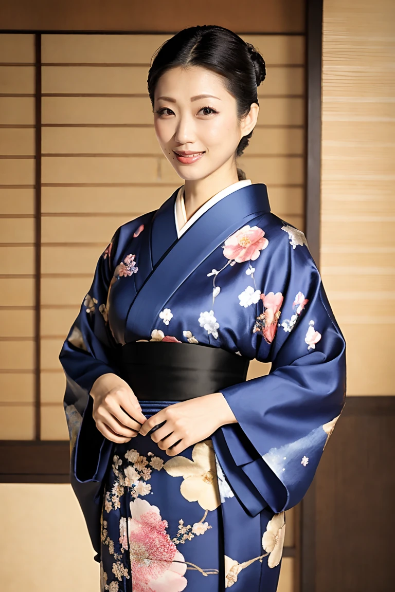 (Highest quality、Tabletop、8K、Best image quality、Award-winning works)、(One beautiful mature woman:1.1)、Adult face、(Innkeeper:1.1)、(A top-quality kimono with an elegant floral pattern:1.2)、(A kimono with a perfect and precise collar:1.2)、Perfect mature woman portrait photo、Glowing Skin、Standing Elegantly、(Blurred elegant and exquisite perfect Japanese style room background:1.3)、(The most natural and perfect tidy Japanese style room background:1.2)、(Strongly blurred background:1.2)、Glowing Skin、Very beautiful skin、(Accentuate your body lines:1.1)、(The most graceful posture:1.2)、(Large Breasts:1.2)、A perfect smile、Perfect beautiful glossy lips、(Accurate anatomy:1.2)、(A perfect and elegant outfit:1.1)、(Standing with good posture:1.1)、(Beautiful, high-quality patterned kimono:1.2)、、(Perfect and natural beautiful sleeves:1.2)、(A perfect and natural beautiful collar:1.2)、(Perfect and natural beautiful sleeves:1.2)、(The finest patterned kimono obi:1.4)、(A perfect and natural beautiful kimono obi:1.1)、(Chignon:1.2)