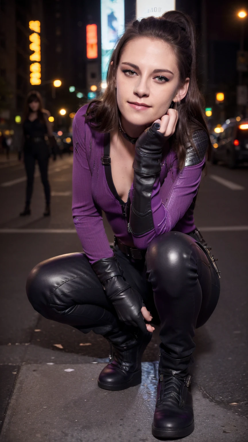 (masterpiece), (photorealistic1.4), (epiCRealLife), (lora:KateBishopFNLoRA:1.0 ribbed bodysuit costume), (KateBishopFNLoRA black leather pants), (KateBishopFNLoRA utilities belt), (leg holster) (KateBishopFNLoRA black gloves), (Kate Bishop Purple Costume),, (epiCFlashPhoto), (harness), (ponytail), (young woman), ,(flashphoto), (flash photography), (make up) ,(kst3w-v2 smile ), (Kristen Stewart), (Kristen Stewart smile), (outdoor), (New York City Street), (neon lights), (squatting on curb, against wall),  pose for pictures,  (zoom out)