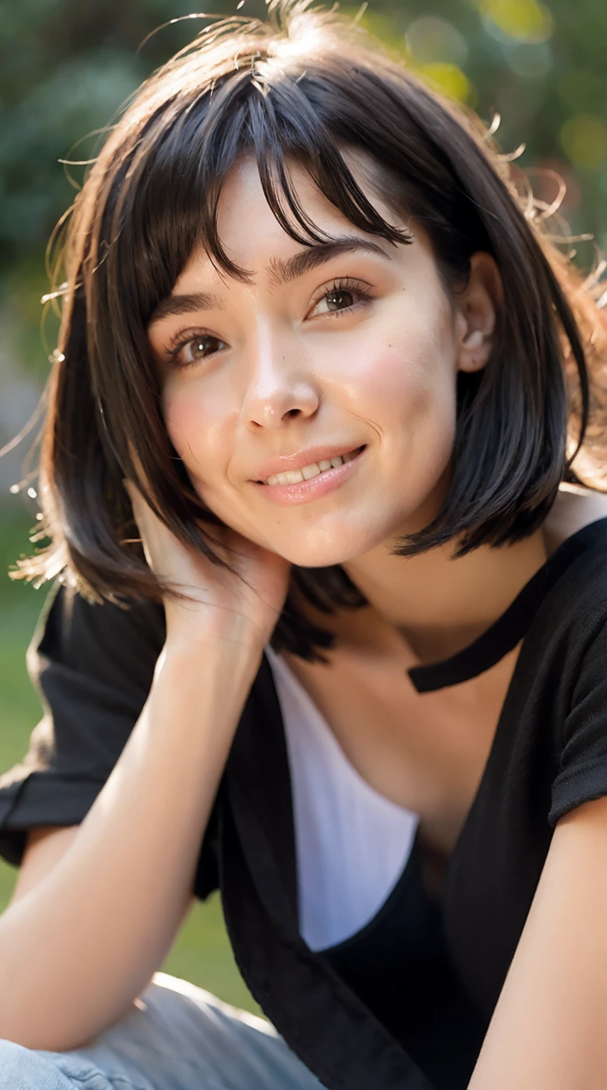 (original photo, best quality), (actual, photo-actual:1.3), masterpiece, extremely delicate and beautiful, Very detailed, CG, Unite, 8k, Astonishing, fine details, Super detailed, high resolution, ridiculous, soft light, (black hair, short hair, curls, messy hair, Bangs), Beautiful and delicate girl, Detailed fingers, Very detailed eyes and face, Beautiful and detailed nose, Beautiful and delicate eyes, (There is light on the face), looking at the audience, (Keep your mouth shut:1.2), 1 girl, Lovely, young, mature face, pale skin, (Half body:1.3, sitting), (medium breasts), actual face, actual body, Beautiful and delicate thighs, (ulzzang-6500-v1.1:0.6), black shirt, (semi smile:1.3),Clothing to cover up。