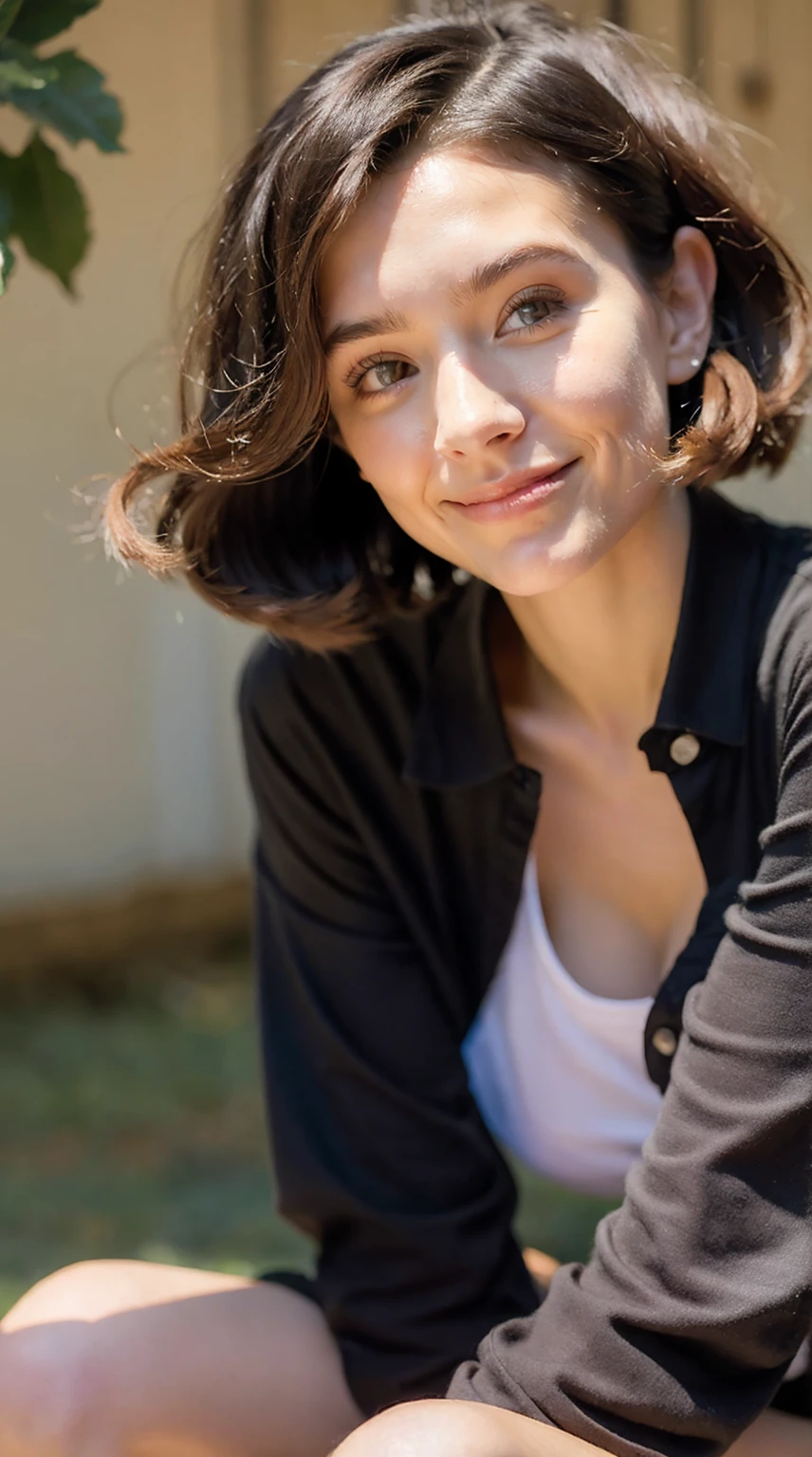 8k, RAW photo, best quality, ultra high resolution, photorealistic, realistic photo, portrait of a slim girl with black purple short undercut haircut, smiling, excited, sunlight, sitting in a cozy café, cold, warm clothes