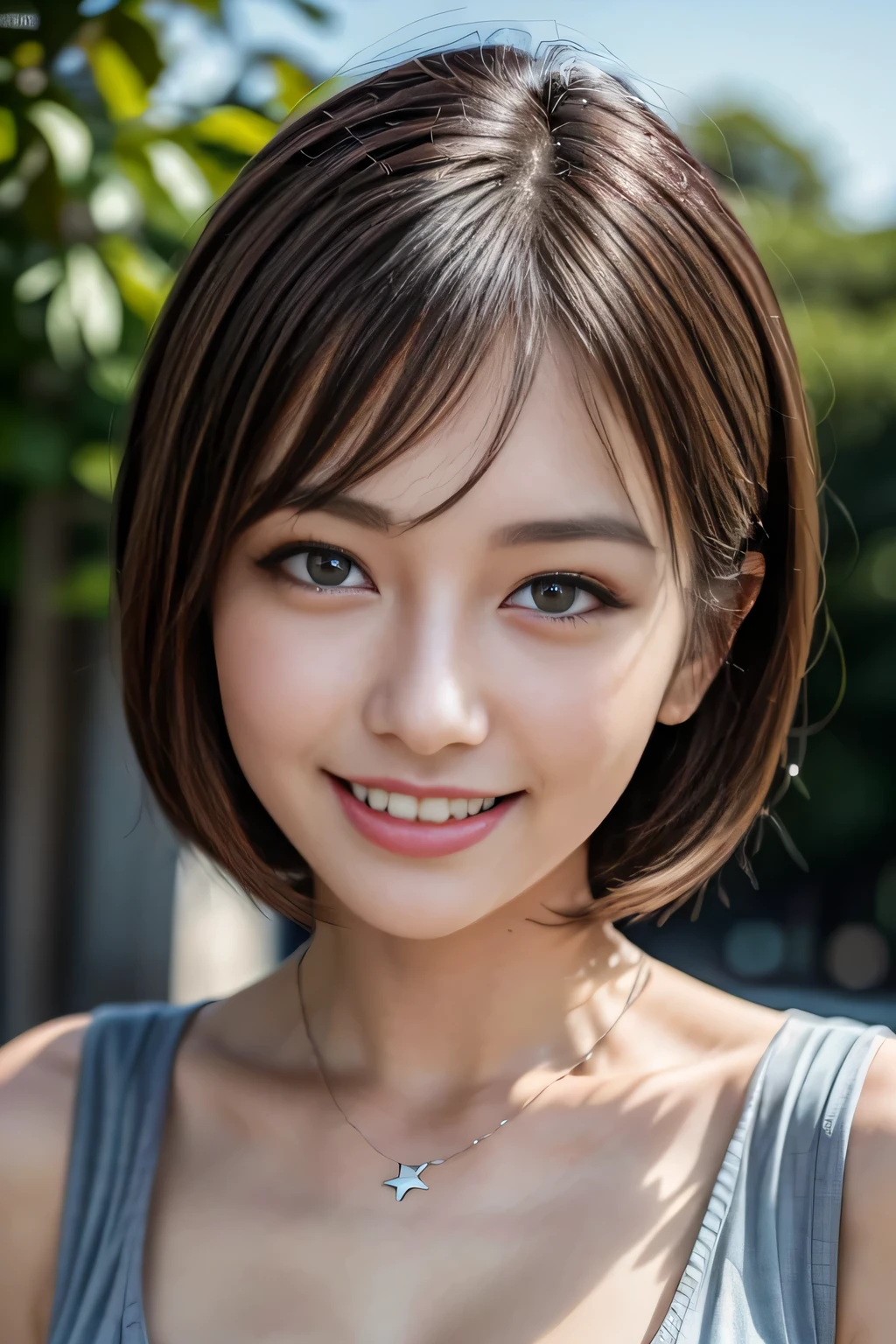 ((One ultimate beauty)), mature, Beautiful Face, Detailed lips, Beautiful eyes in every detail, double eyelid, Long eyelashes、Grin, ((Beautiful teeth alignment)), Captivating Gaze、Captivating smile, Very short brunette bob、eyelash、Elegant eyeshadow、Seductive makeup、Seductive gestures、(Large Breasts), high quality、High resolution、(Written boundary depth)、(chromatic aberration)、necklace、耳Nipple Ring、bracelet、RAW Photos、Realistic、(masterpiece)、Realistic、Masseter region, 最high quality，Hyper Detail，(Detailed eyes and face） charm:Natural Makeup，View your audience, alone, ((Cowboy Shot))