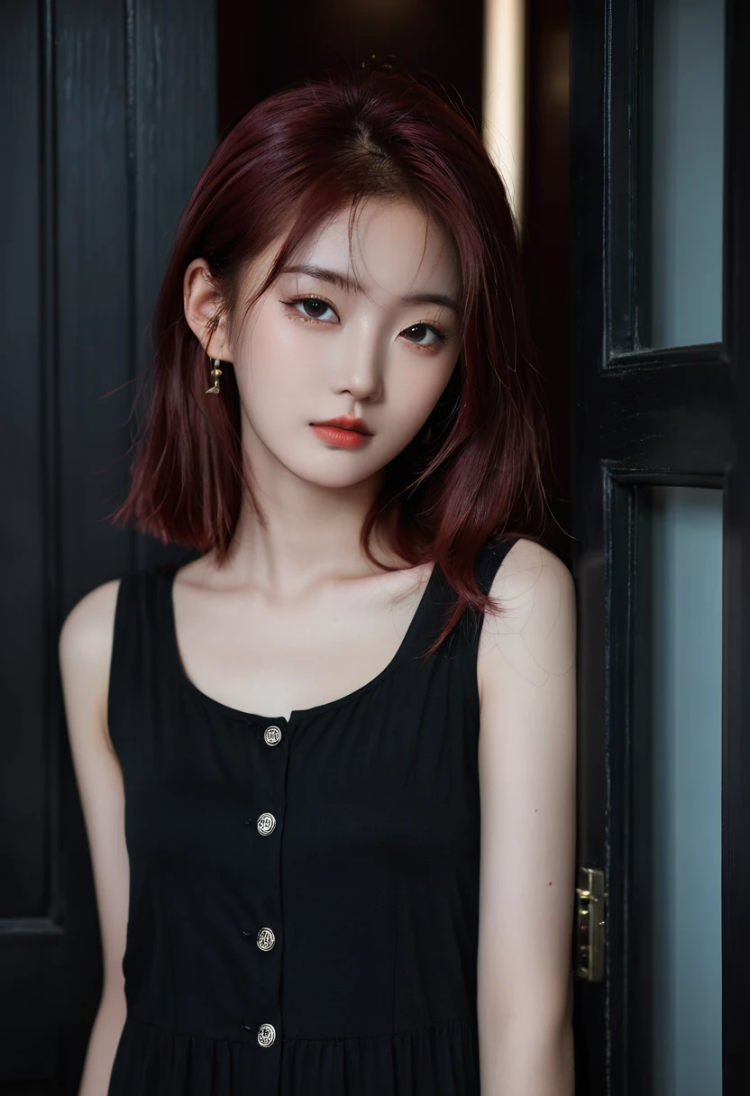 Portrait of a beautiful 18 year old girl, Red hair, Gorgeous Chinese, Wearing cotton, at the door, (Dark private office, Dark melancholy light: 1.2)