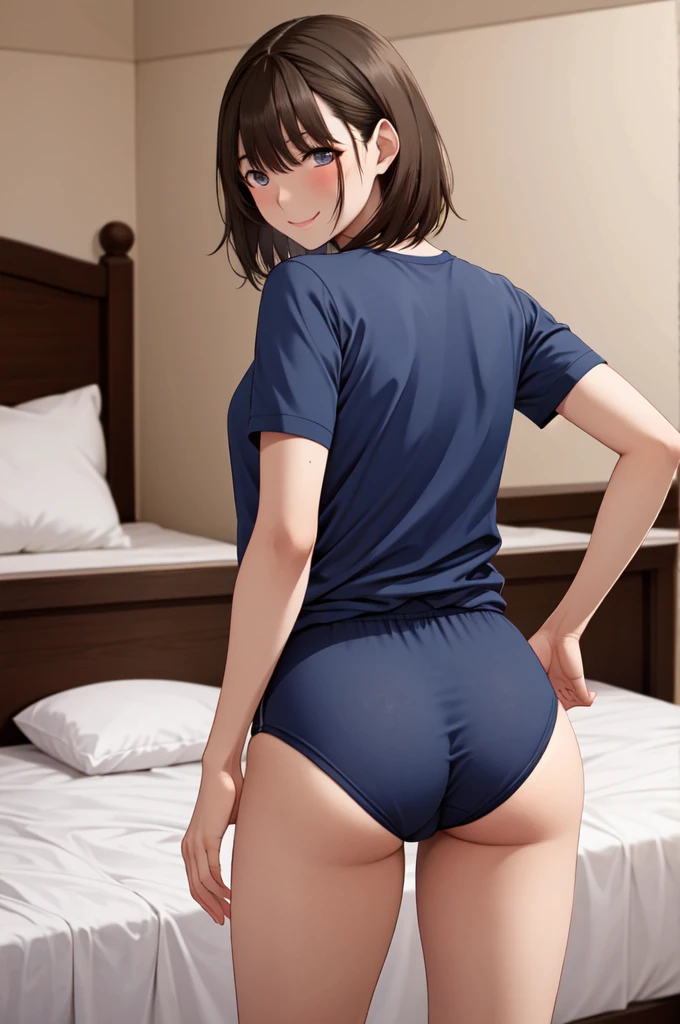 masterpiece, best quality, highres, aanene, short hair,(buruma:1.2),gym uniform, ass shot, cowboy shot, bed room,ahegao,steam,