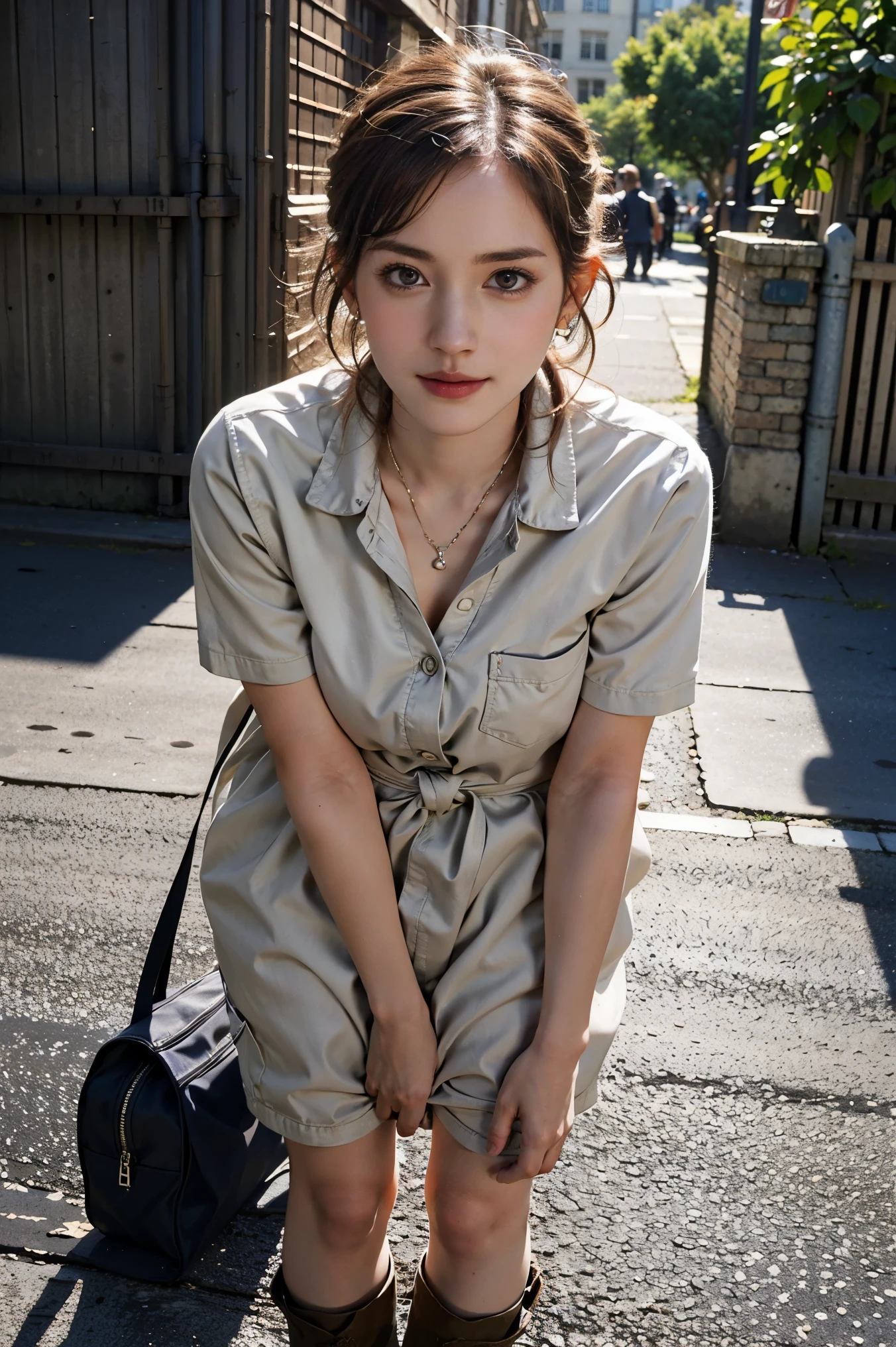 (Preserve face images), pale face:1.3、Super thin face:1.3, (very big eyes:1.5)、 (blown eyes:1.5), master piece、8K, {highest quality}, {{masterpiece}}, {very delicate and beautiful}, outstanding light and shadow, highly detailed wallpaper, clear and bright sunlight, (((Full body))), 1 girl, blush、(薄い茶colorの髪), strong sunlight, ((a strong light shines on your face)), color々A pose:1.5, necklace、ring、earrings、 BREAK (light-khaki color theme:1.4), (light-khaki color tops:1.4), ((gigid cotton texture, large Pockets):1.3), (wear a oversized light-khaki colour cotton workwear cargo dress with a stiff texture over naked body:1.4), ((short Sleeves, bottomless, knot on waist):1.3), (one-piece), ((collar, chainbone, thighs):1.3), (worker boots:1.2), ,(Toothless smile:1,5),