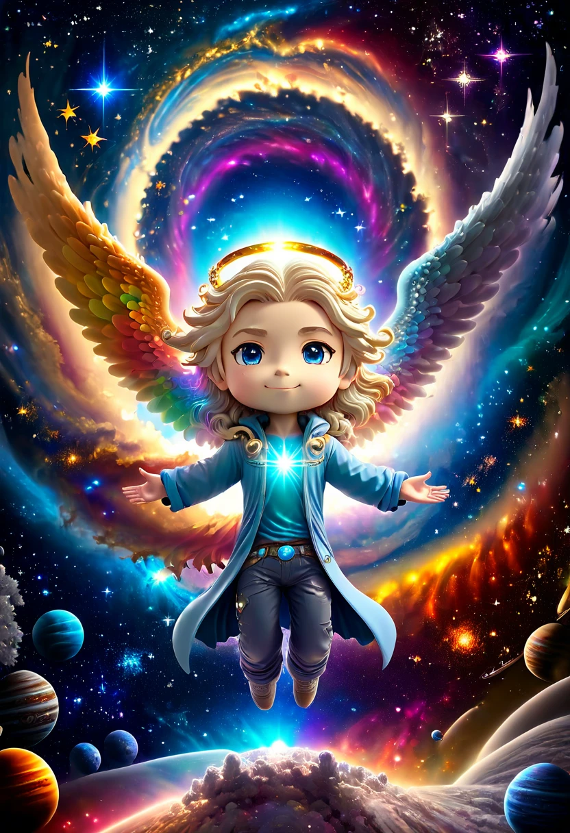 3D chibi anime style, Full body man, YOUNG, light skinned, with light blue eyes and long hair, wearing modern clothes. He has an angel halo with unusual shapes above his head and is floating in space. In the background there are bright stars, spiral galaxies and several planets of different sizes and colors. Make sure the hands have good details.